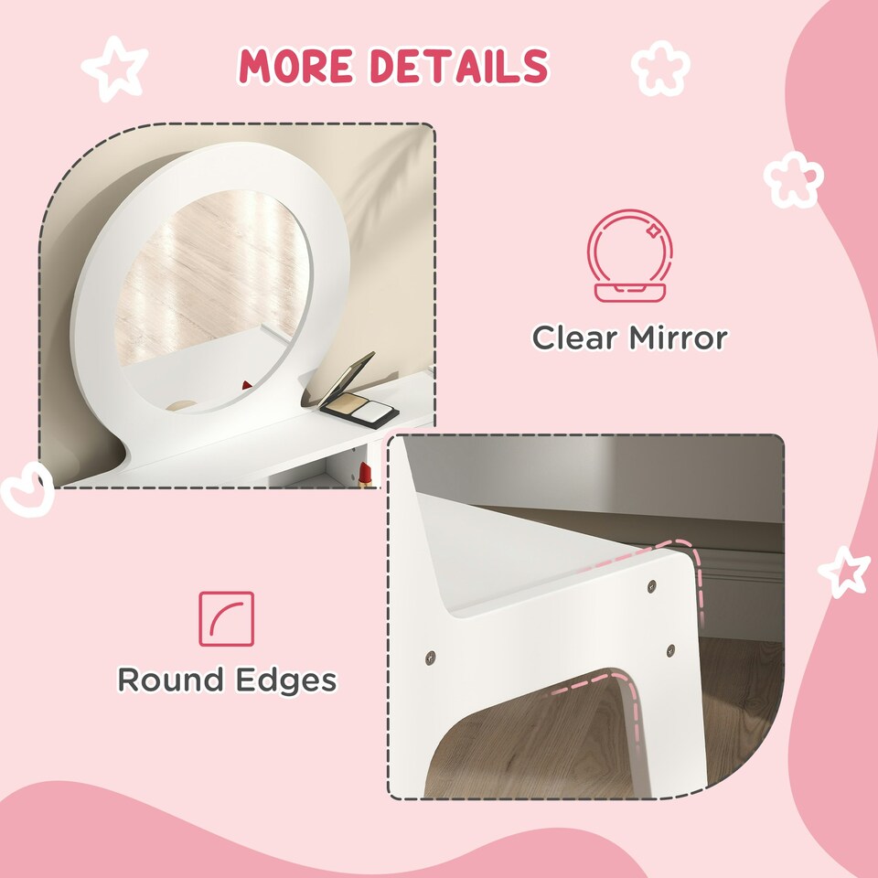 image 1 of AIYAPLAY Kids Dressing Table Set w/ Stool, Mirror, Drawers - White White