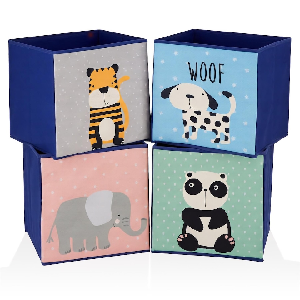 image 1 of The Magic Toy Shop Set Of 4 Animal Storage Boxes Foldable Blue Cubes