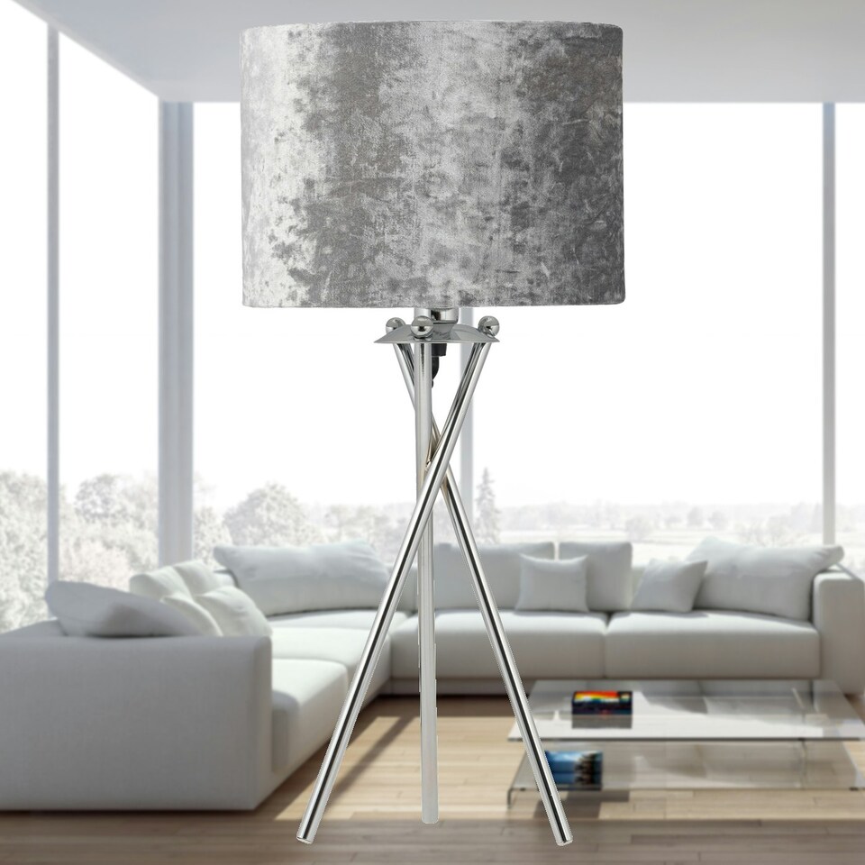 image 1 of First Choice Lighting Chrome Tripod Table Lamp with Grey Crushed Velvet Shade Chrome | Grey