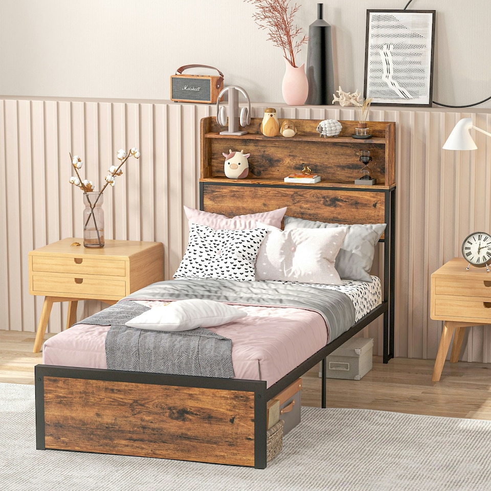 image 1 of HOMCOM 3.1FT Single Bed Frame with Storage Headboard and Under Bed Storage