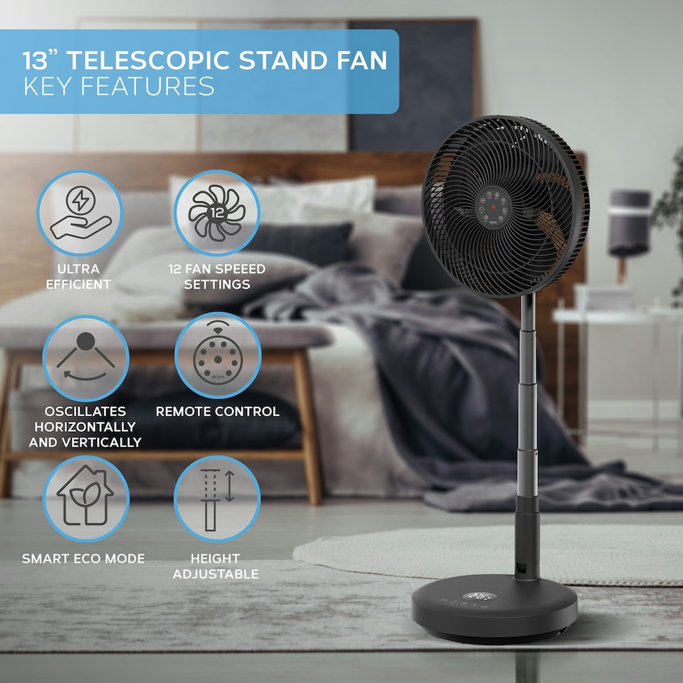 image 1 of Air Pro 13" Pedestal Fan With Remote Control - Oscillating & Portable Foldable Fan - Height Adjustable - LED Display - 12 Speeds