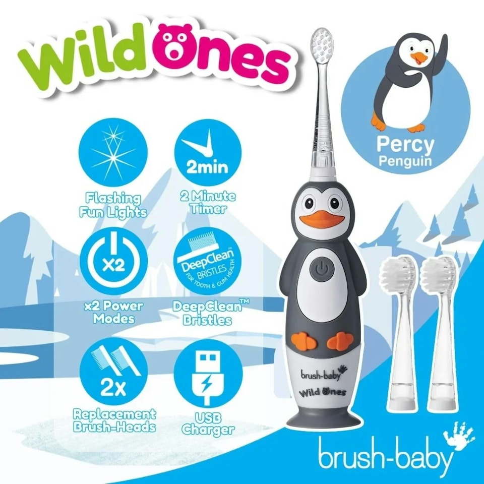 image 1 of Brush Baby WildOnes™ Penguin Kids Electric Rechargeable Toothbrush & Applemint Toothpaste