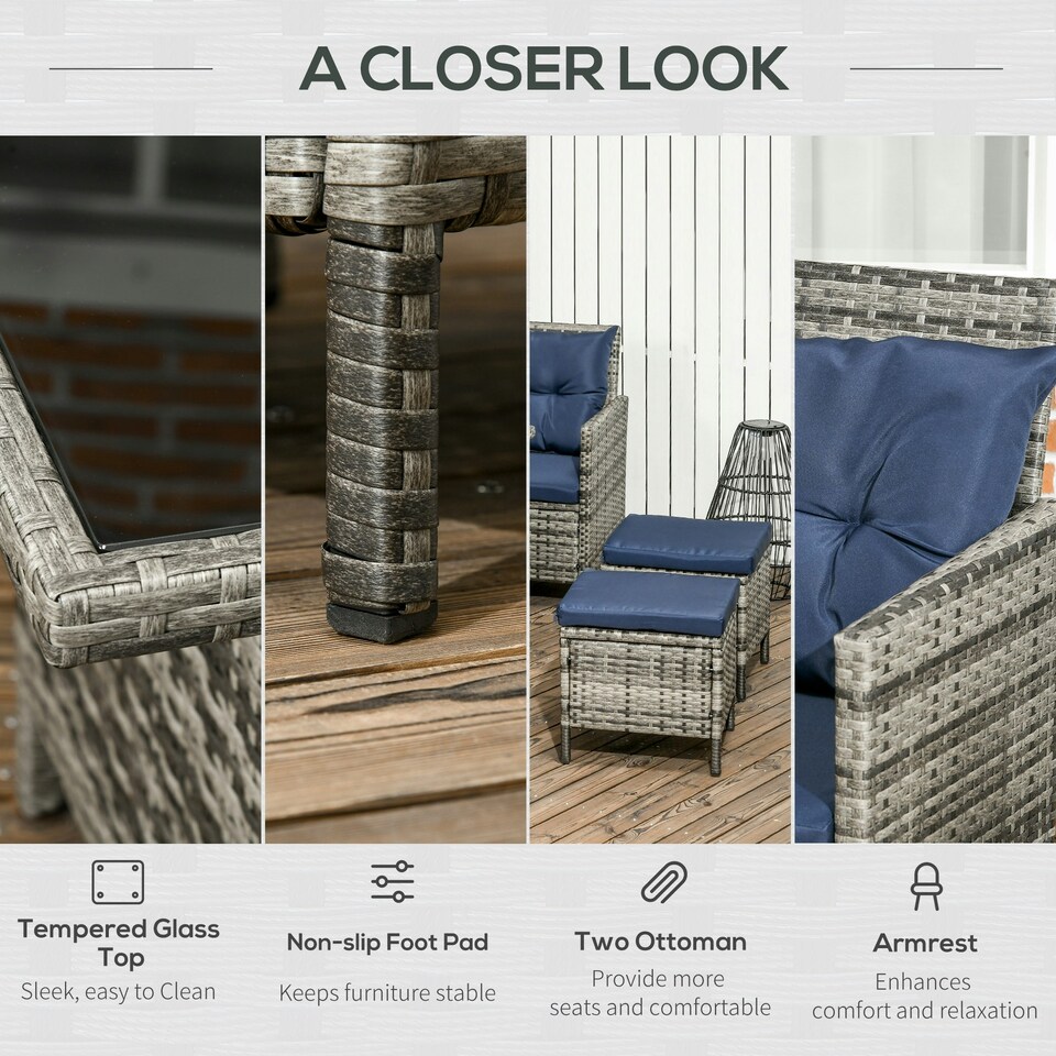 image 1 of Outsunny 6 PCs Patio wicker Sofa Set Rattan Chair Furniture, Dark Blue