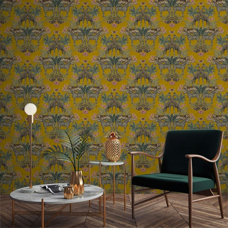 image 1 of GrandDeco Animal Kingdom Wallpaper - Ochre - 10m x 53cm Yellow
