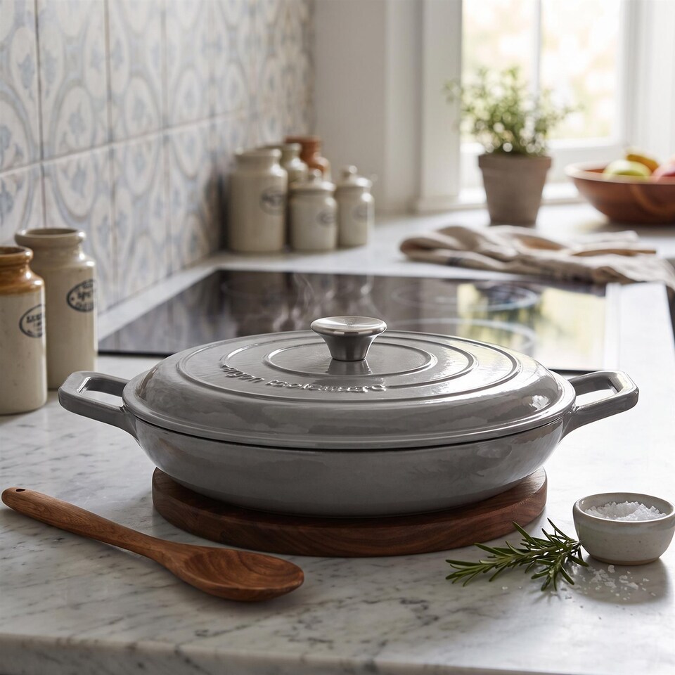 image 1 of Argon Tableware 2.3L & 4.5L Shallow Cast Iron Casserole Dish Set with Self-Basting Lids - Dutch Oven Roasting Pot | Grey | Slate Grey
