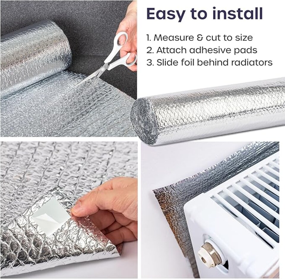 image 1 of Radiator Foil Insulation Roll Reflector Panels - Energy Saving Radiator Heat Deflector for Home Heating | Silver | 25m x 60cm -  Roll | 1