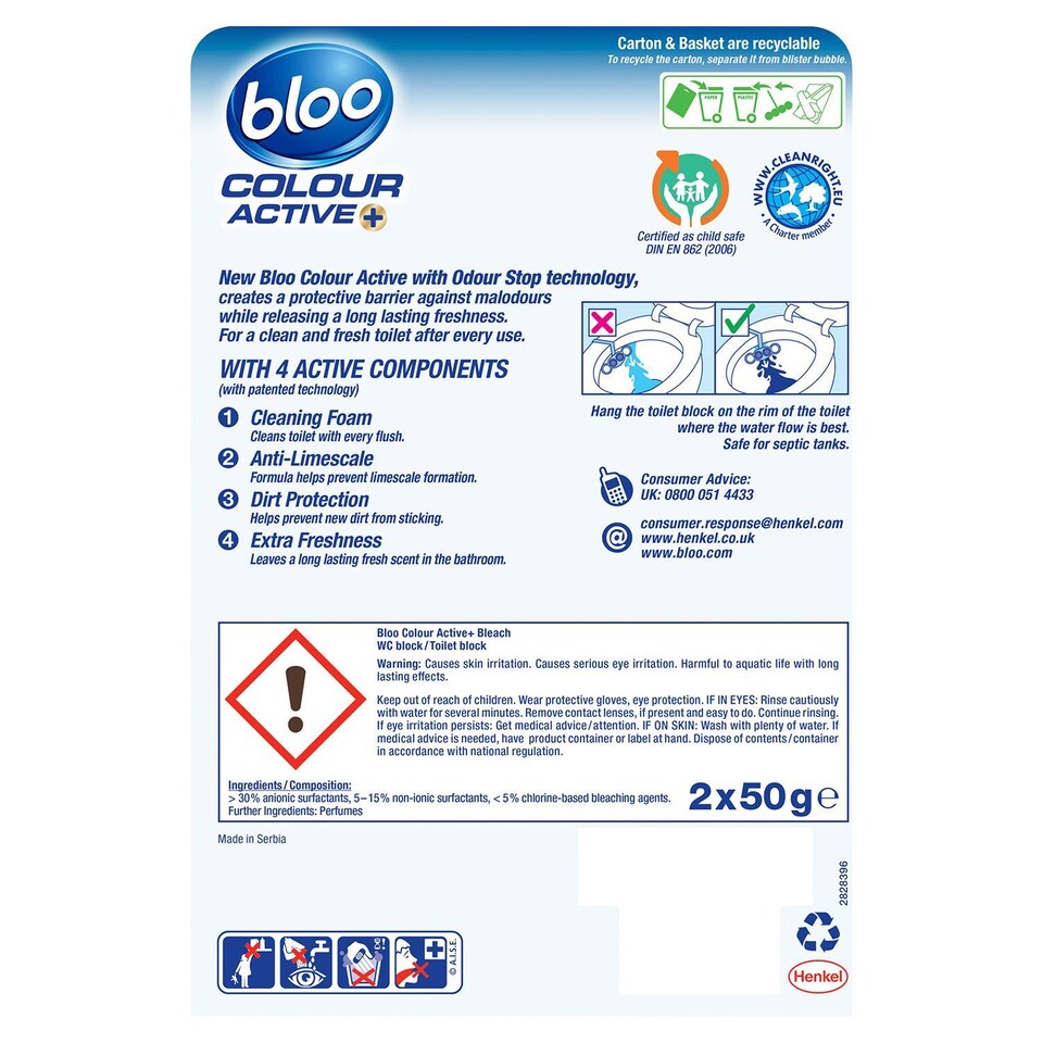 image 1 of Bloo Toilet Rim Block Colour Active+Bleach for Long-Lasting Freshness 2x50g, 12 Pack | Multi | 12