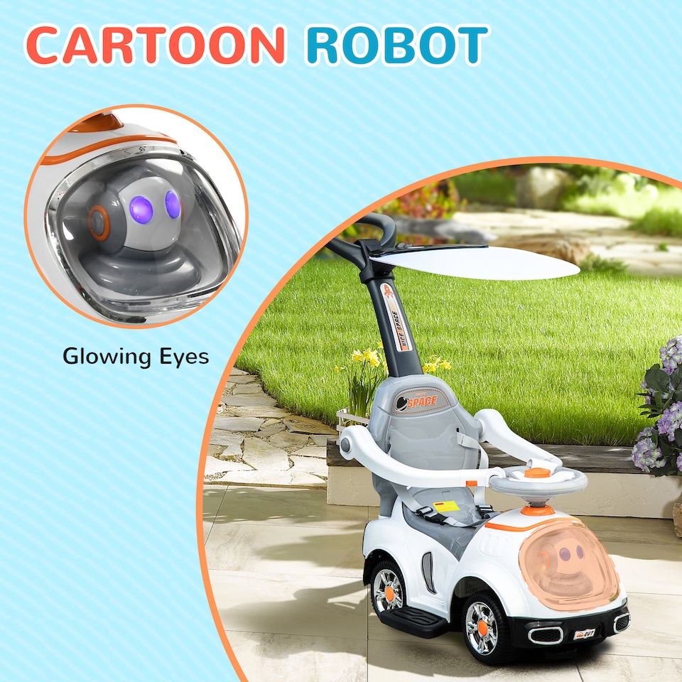 image 1 of AIYAPLAY 3 in 1 Ride on Push Car, Cartoon Robot Theme Foot to Floor Slider, Baby Push Along Car with Parent Handle, Light Music Horn, Underneath Storage, for Boys Girls 12-36 Months - White | White | White