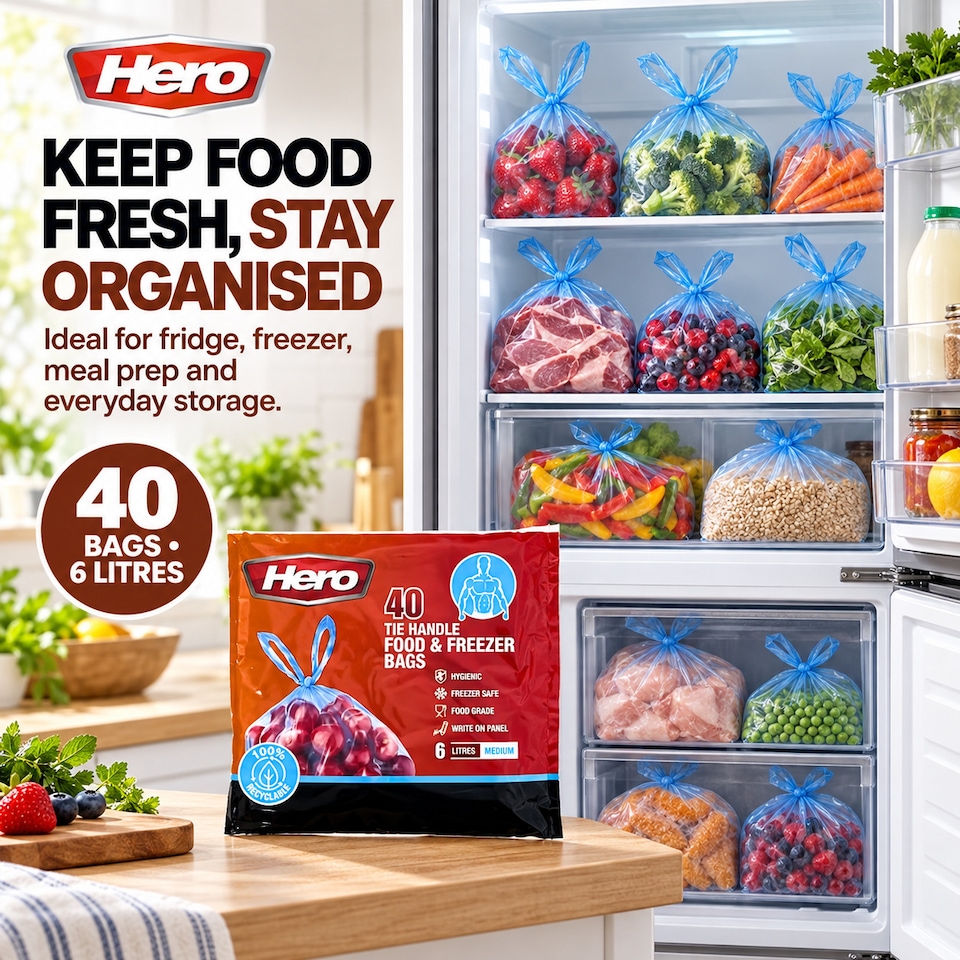 image 1 of Hero Tie Handle Food Storage Bags 6L Pack of 40 Reusable BPA Free Freezer & Sandwich Bags with Airtight Seal for Fruits, Vegetables, Meat and Grains