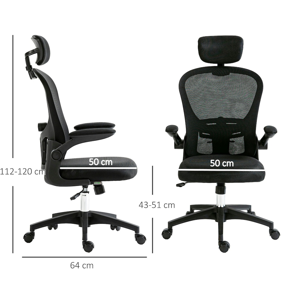 image 1 of Vinsetto Mesh Chair with Headrest, 4D Lumbar Support, Flip-up Arm, Black Black