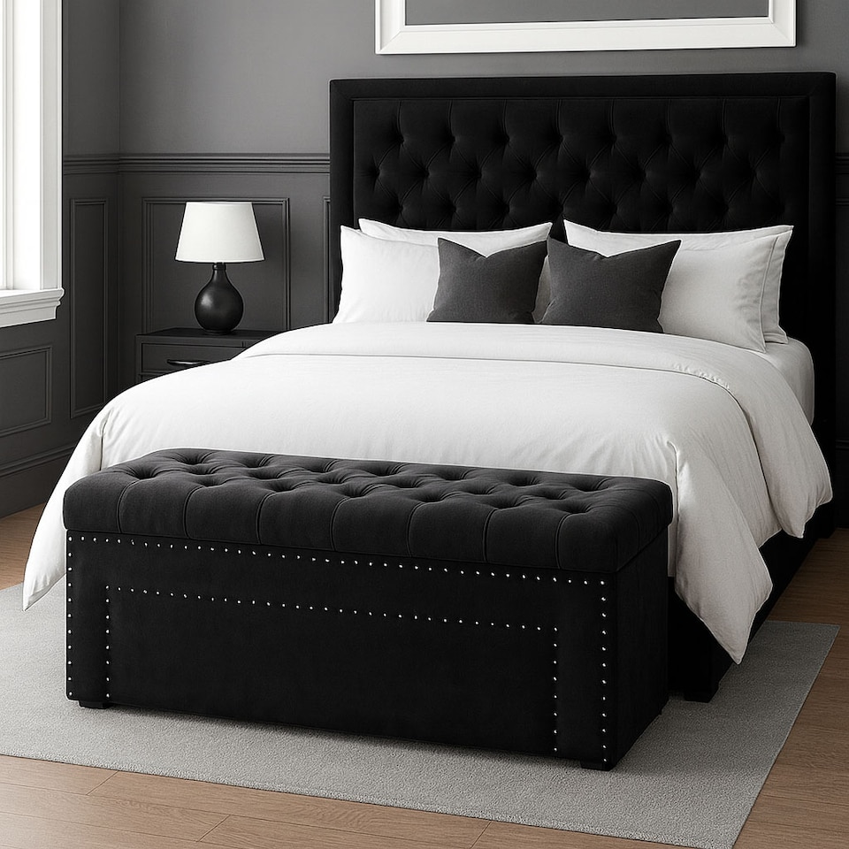 image 1 of 150cm Duke Ottoman Storage Box -Upholstered Blanket Box - Black Plush Velvet Multifunctional Storage Box