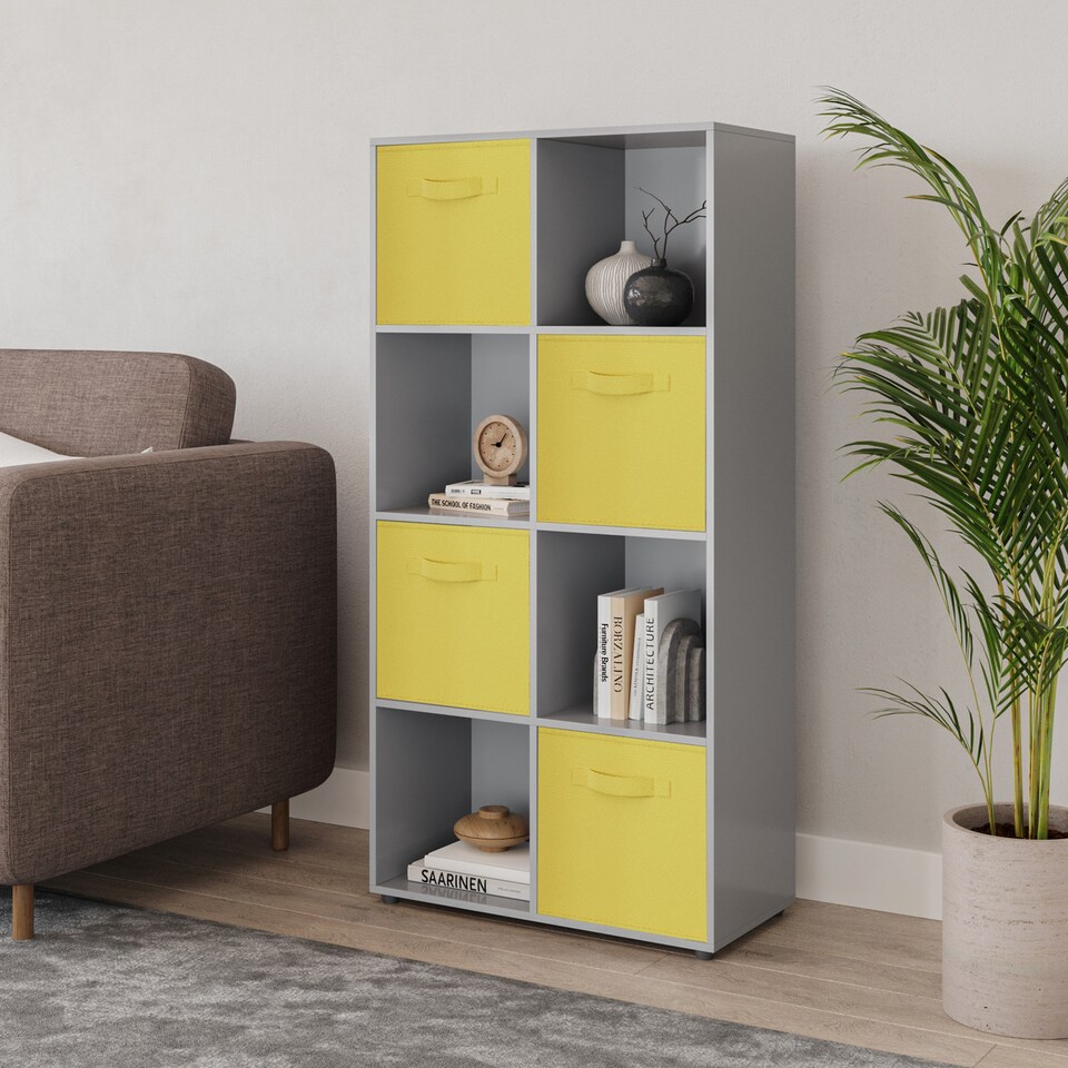 image 1 of 8-Cube Shelving Unit With Non Woven Inserts | Grey | Grey & Yellow | 1