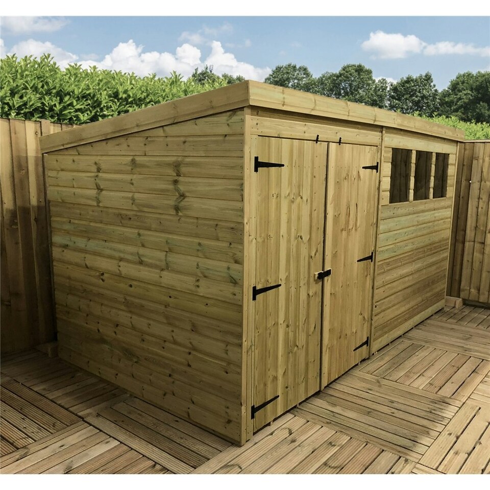 image 1 of 14 x 3 Garden Shed Pressure Treated T&G PENT Wooden Garden Shed - 3 Windows + Double Doors (14' x 3' / 14ft x 3ft) (14x3)