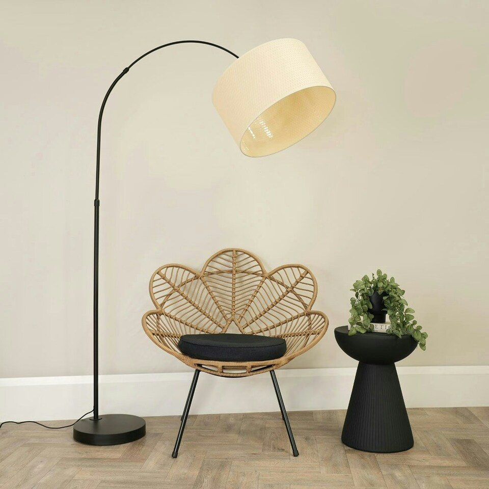 image 1 of ValueLights Louis Black Arched Curved Floor Lamp with Natural Wicker Drum Lamp Shade
