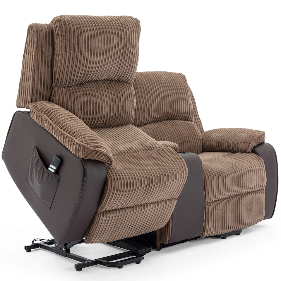 image 1 of Postana Dual Motor Rise Recliner 2 Seater Cord Drinks Console Sofa (Brown)