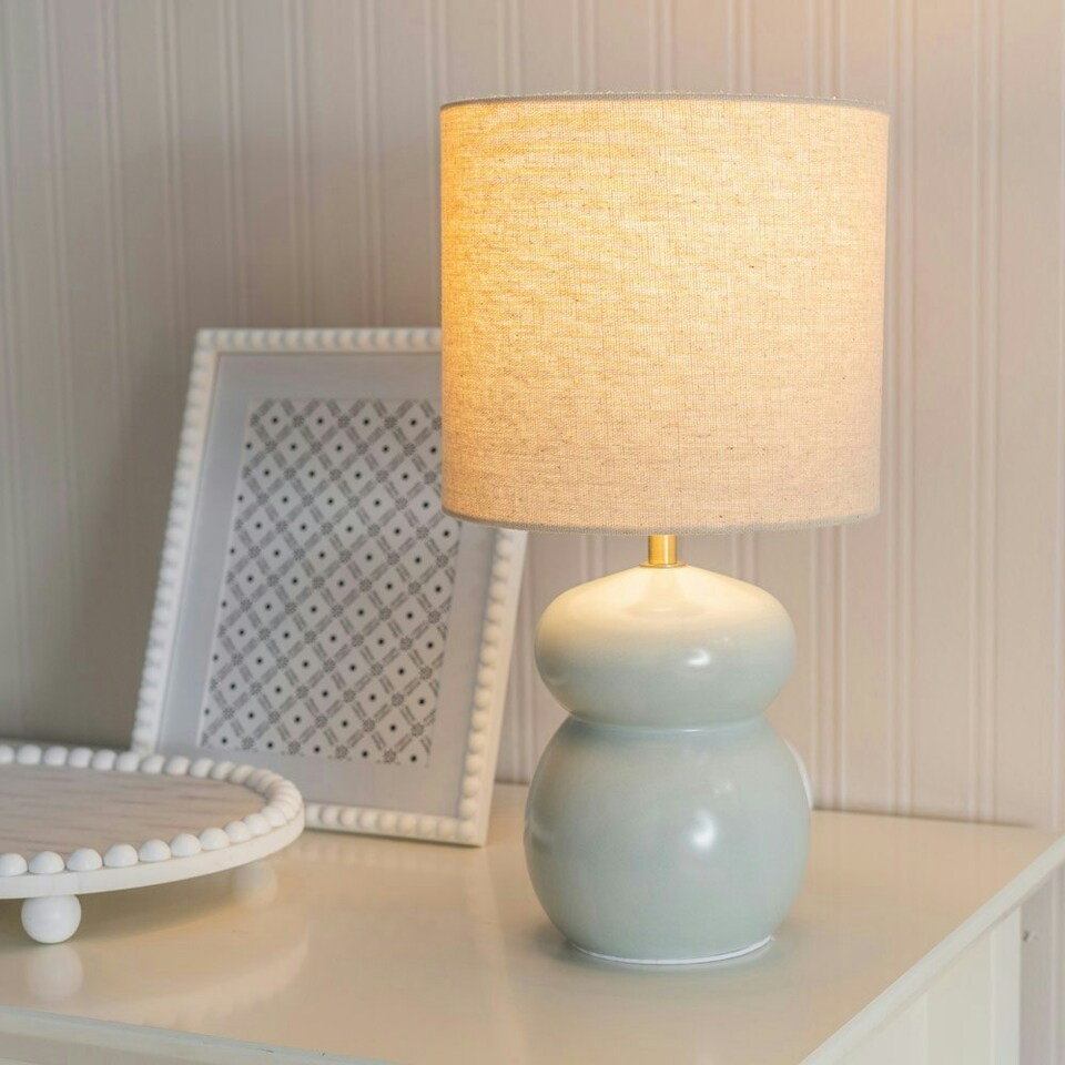 image 1 of ValueLights Kendal Natural Linen Drum Shade Blue Glazed Ceramic Table Lamp Blue