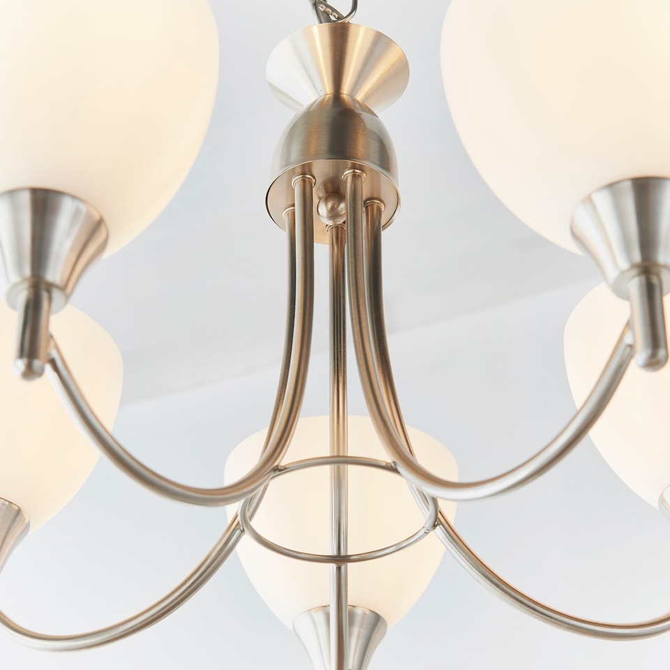 image 1 of Alton 5 Light Multi Arm Ceiling Pendant Satin Chrome, Matt Opal Glass, E14