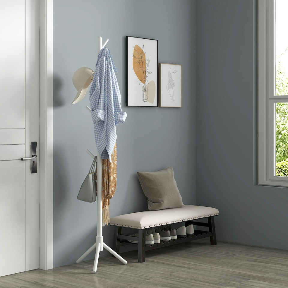 image 1 of HOMCOM Coat Rack Bamboo Coat Stand with 8 Hooks for Handbags, White