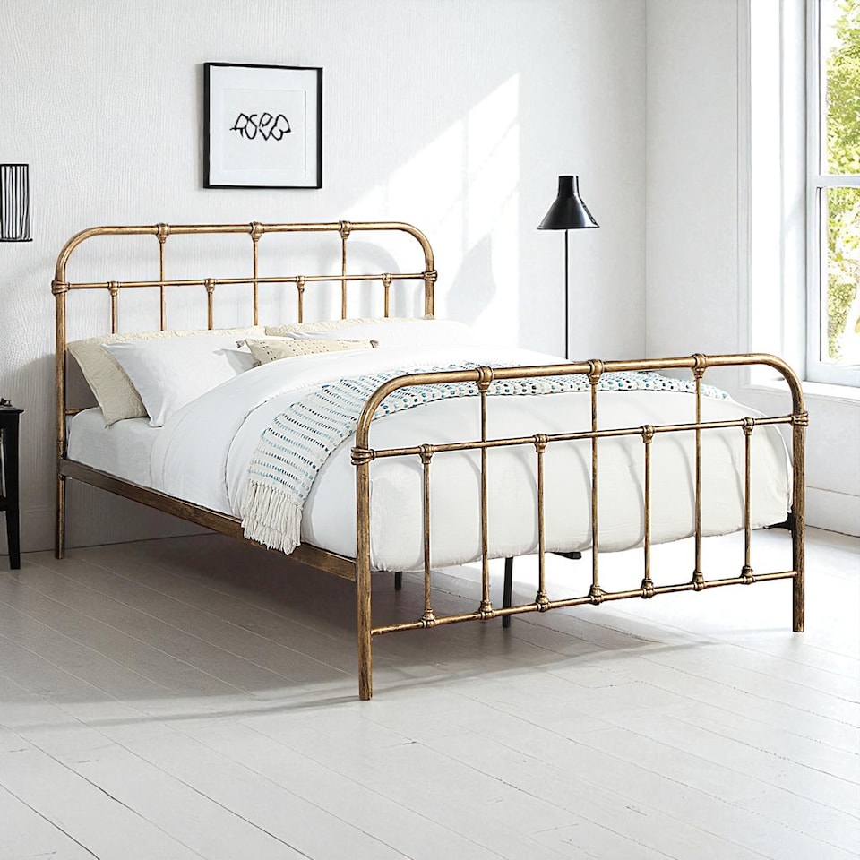 image 1 of Camden Victorian Hospital Style Distressed Antique Brass Effect Metal Bed Frame | Bronze | Antique Brass | Small Double