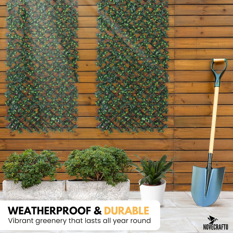 image 1 of Expanding Trellis With Artificial Leaves and Flowers - Ficus Leaf Garden Hedge Balcony Privacy Screening Panel | Green | Green | L | 1