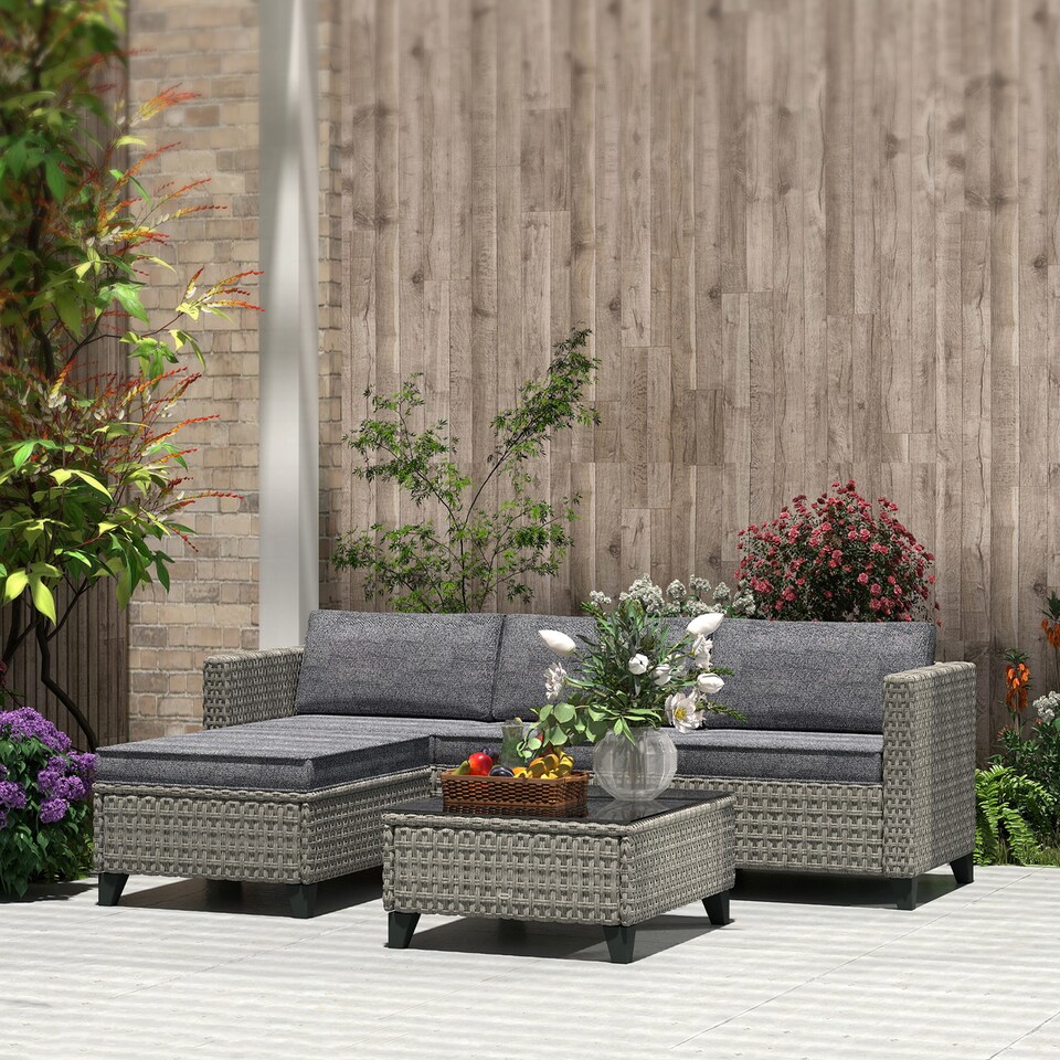 image 1 of Outsunny 5 Pieces PE Rattan Garden Furniture Set, 4 Seater Garden Corner Sofa Set with Glass Coffee Table, Wicker Outdoor Furniture Set with Cushions for Patio Deck, Dark Grey