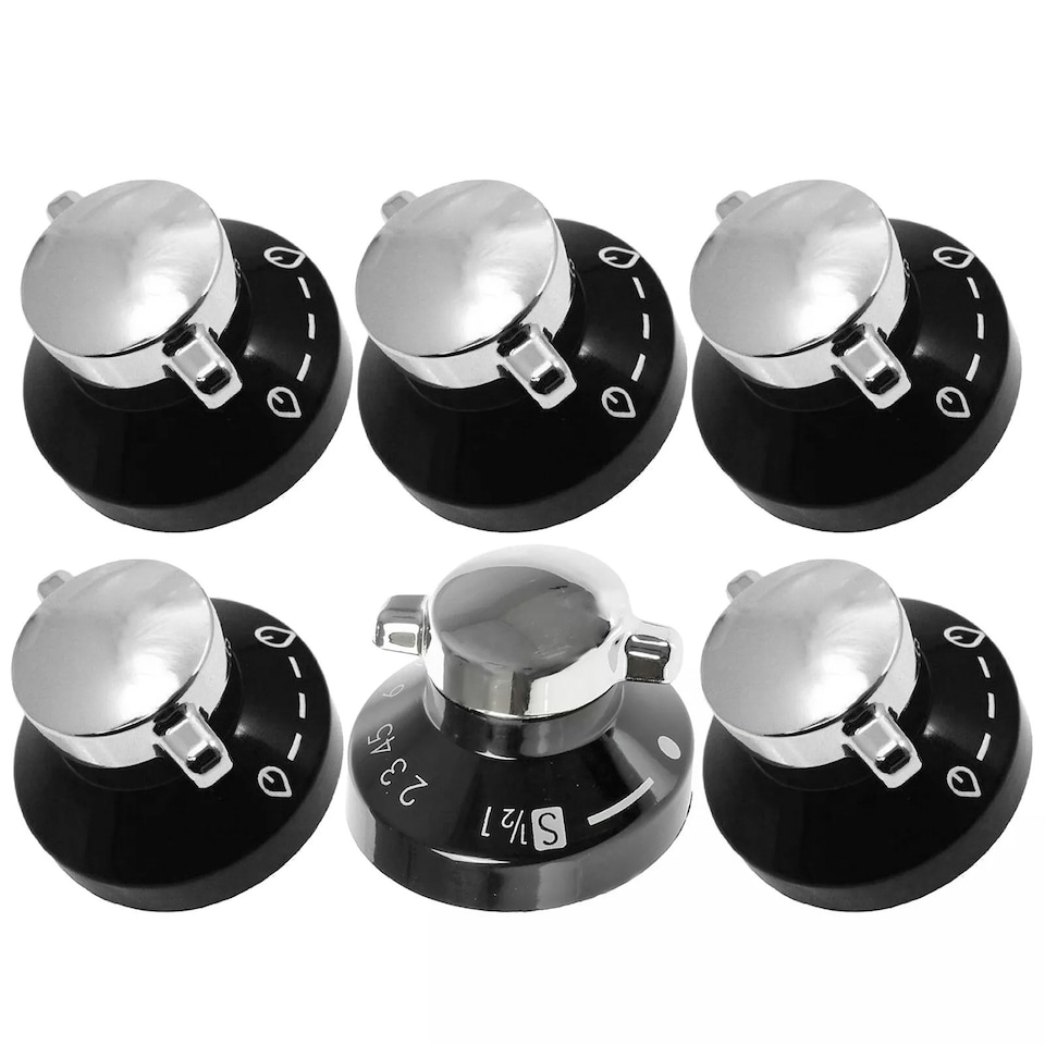 image 1 of SPARES2GO Control Knob for Belling  444445523, 444445724  New World 444441153 Gas Oven Cooker (Pack of 6 Knobs) Black | Silver
