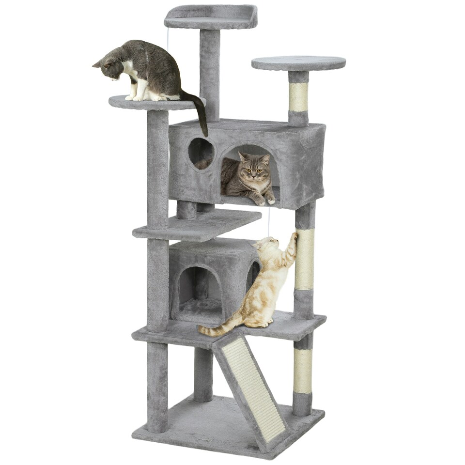 image 1 of PawHut 138cm Cat Tower with Scratching Posts Bed Condo Platform, Light Grey