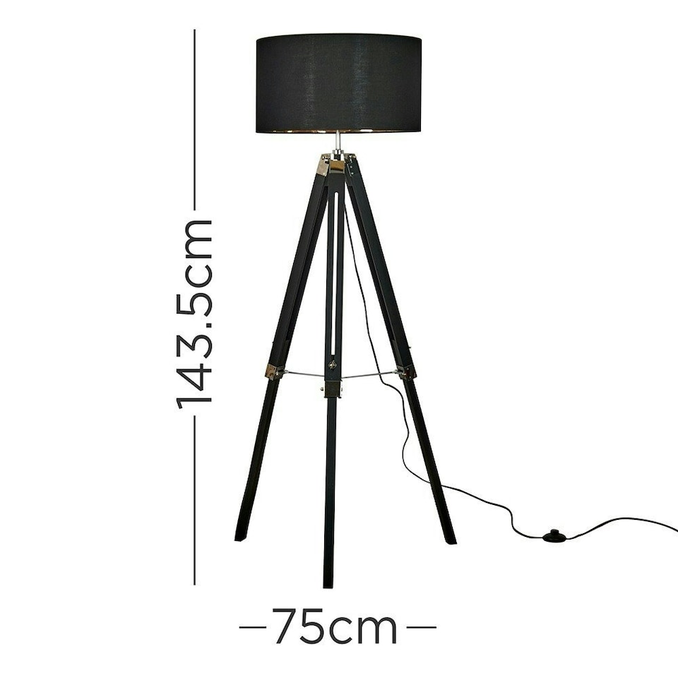 image 1 of ValueLights Black Wood And Silver Chrome Tripod Floor Lamp With Black Gold Drum Shade
