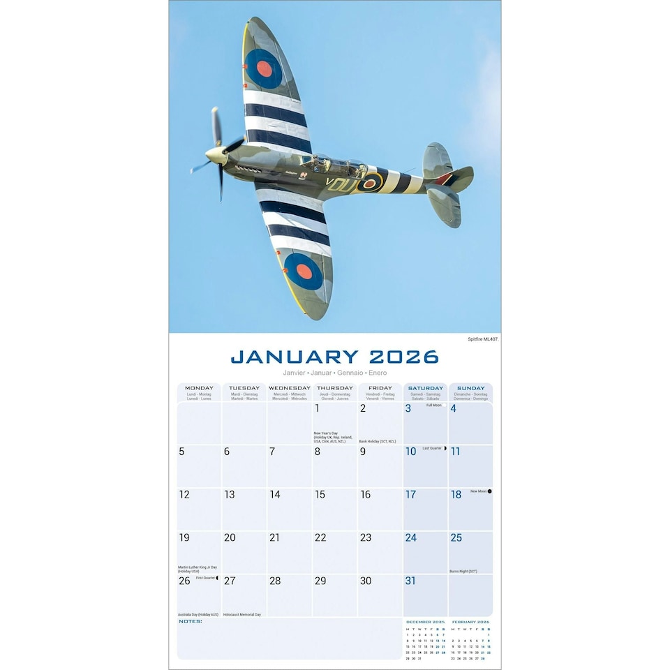 image 1 of Spitfires 2026 Calendar | Square Wall Calendar | Aircraft, Warplane Gift | Plastic Free Packaging | by Avonside Publishing