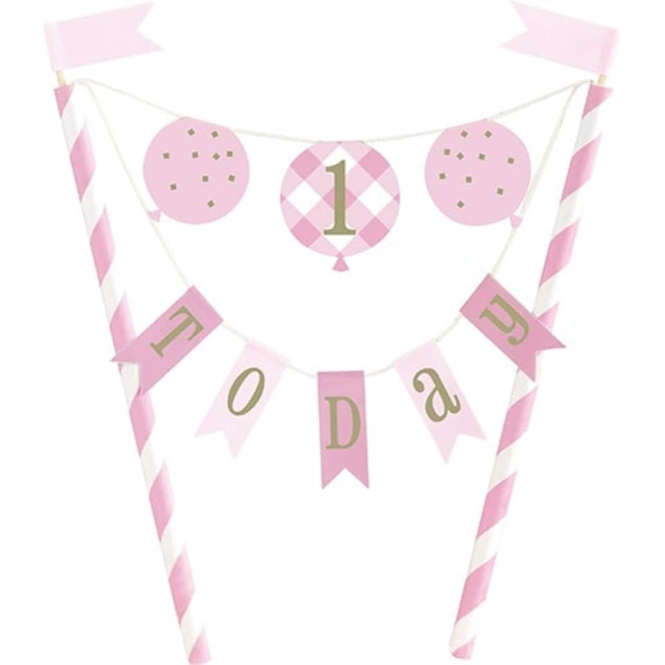 Pink Gingham First Birthday 1 Today Bunting Cake Topper 21cm