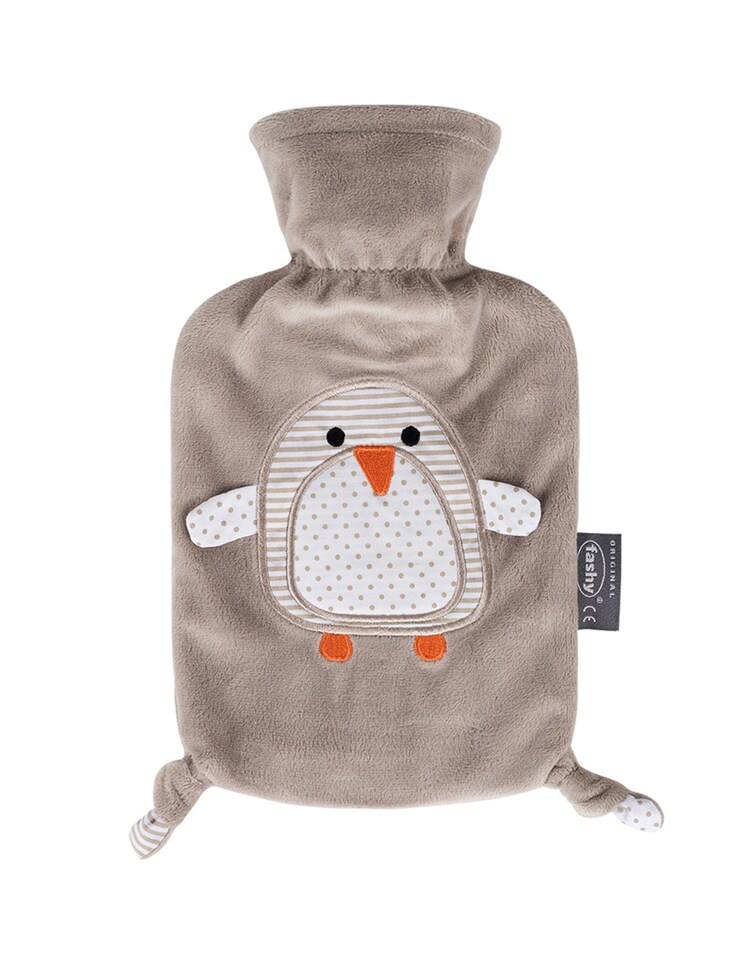 Fashy 0.8 Litre Hot Water Bottle with Pia Penguin Plush Cover - Taupe