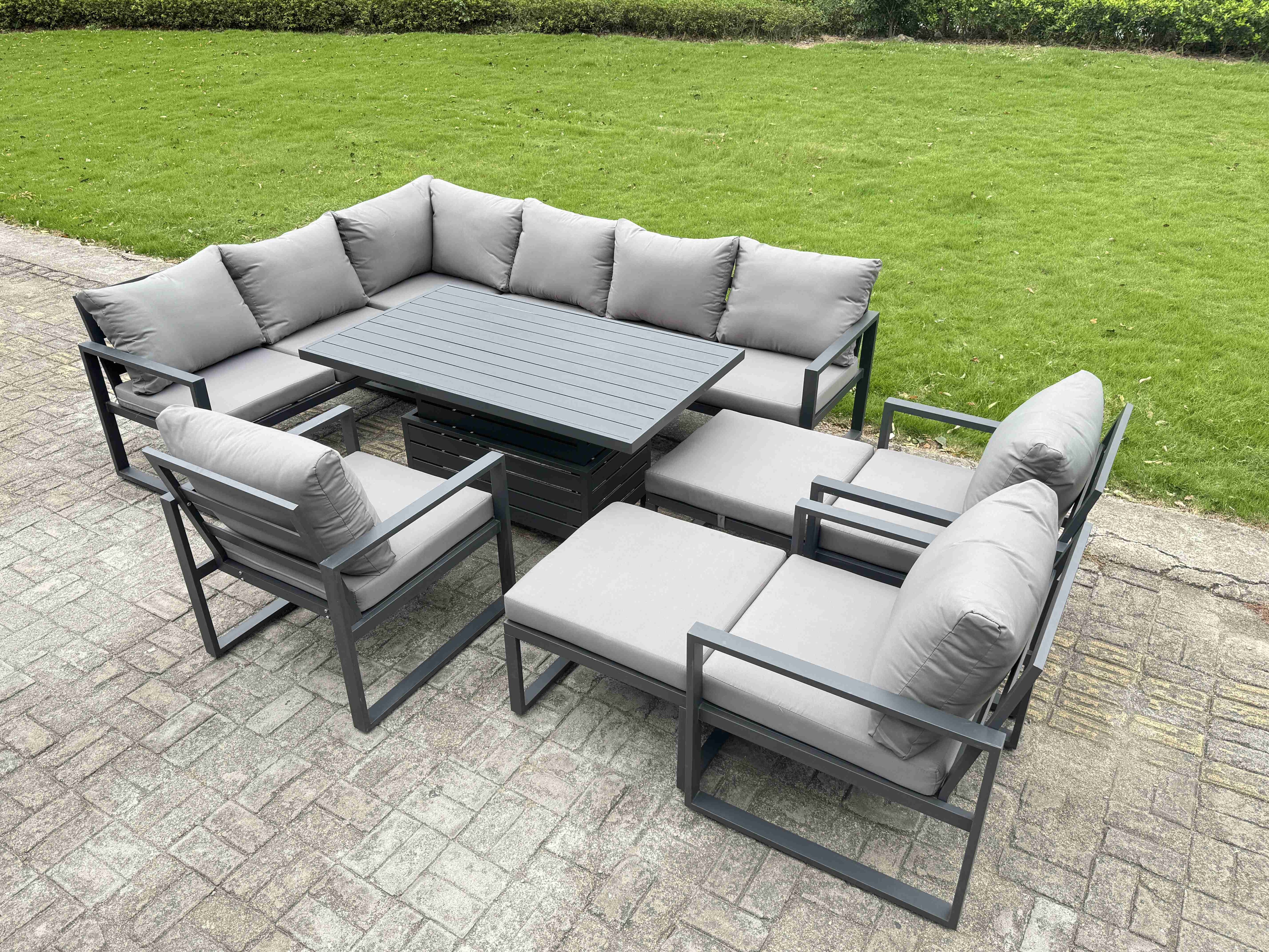 Fimous Aluminium Garden Furniture Sets,11 Seater Outdoor Conversational Dining Set with Adjustable Rising Lifting Dining Table,2 Big Footstools Dark G