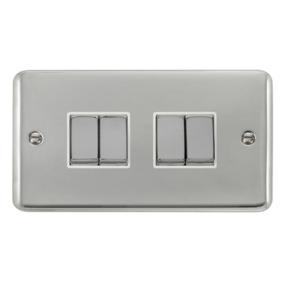 SE HOME Curved Polished Chrome 10A 4 Gang 2 Way Ingot Light Switch White | Polished Chrome