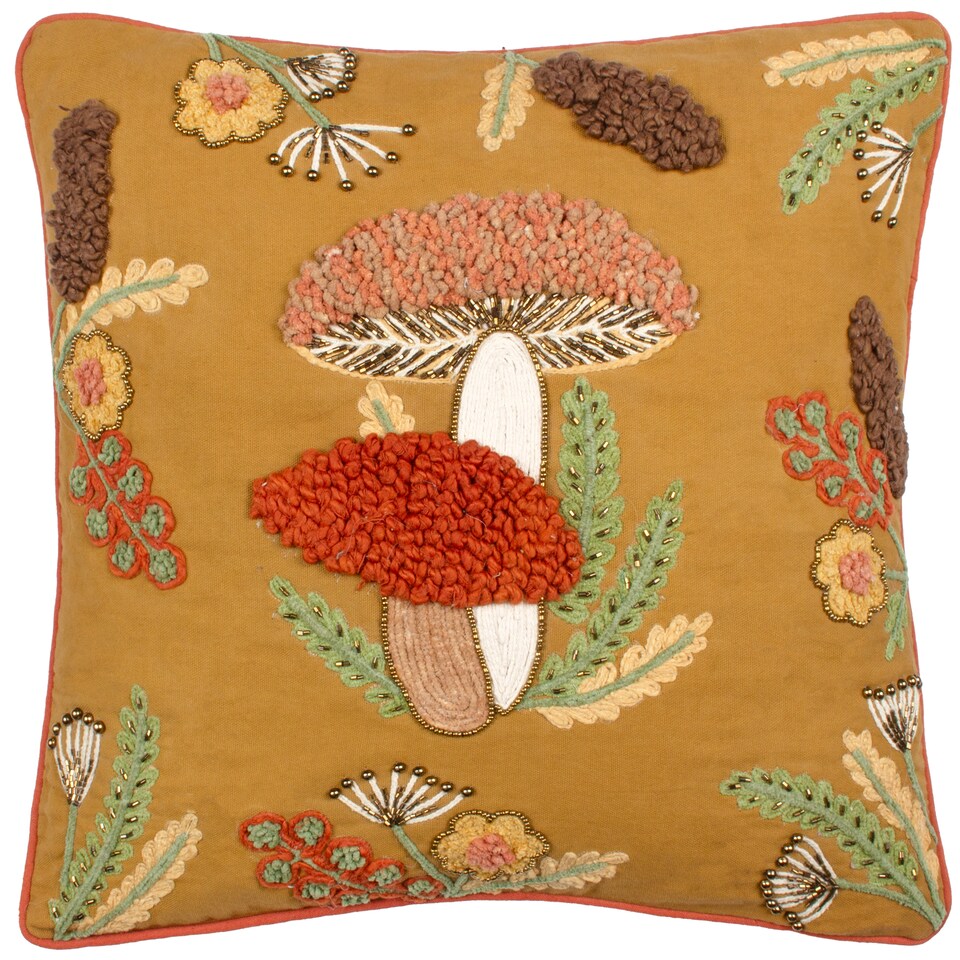 image 1 of Wylder Mushroom Dell Embroidered Cotton Cushion, Autumn Gold, 45 x 45cm