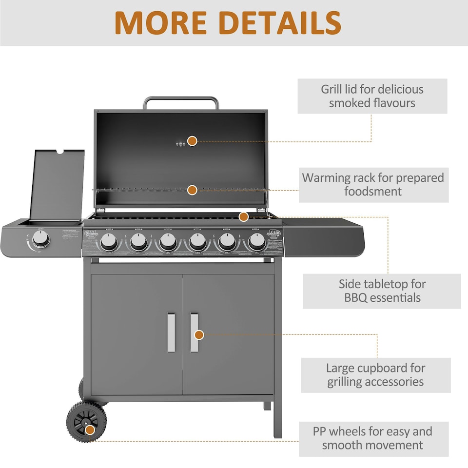 image 1 of Outsunny 6+1 Burner Gas BBQ Grill Garden Barbecue with Wheels, Cabinet Grey