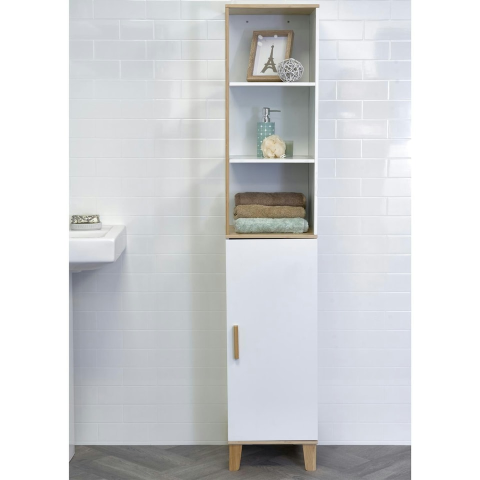 image 1 of Showerdrape Catania Matt White & Bamboo Tall Bathroom Cabinet with Display Shelves