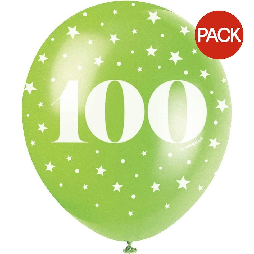 Unique Party Latex Pearlised 100th Birthday Balloons (Pack of 5) - Green/White - One Size