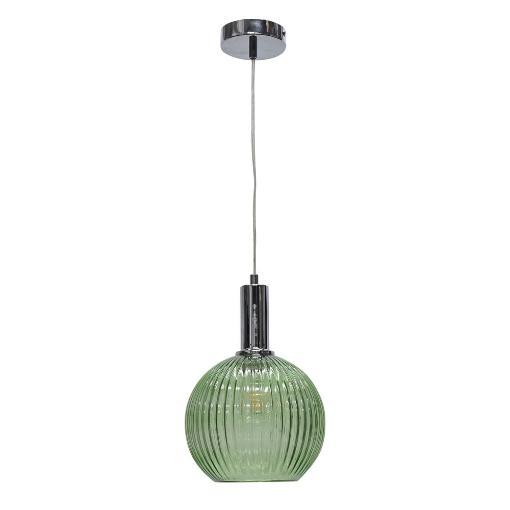 First Choice Lighting Betchley - Green Ribbed Glass Globe Chrome Deco Pendant Fitting