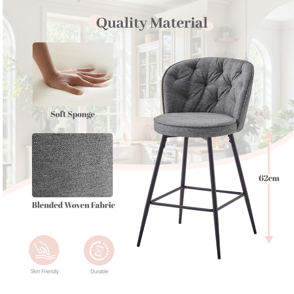 image 1 of SONARA Set of 2 Blended Woven Fabric Counter Height Bar Stools with Backrest | Grey