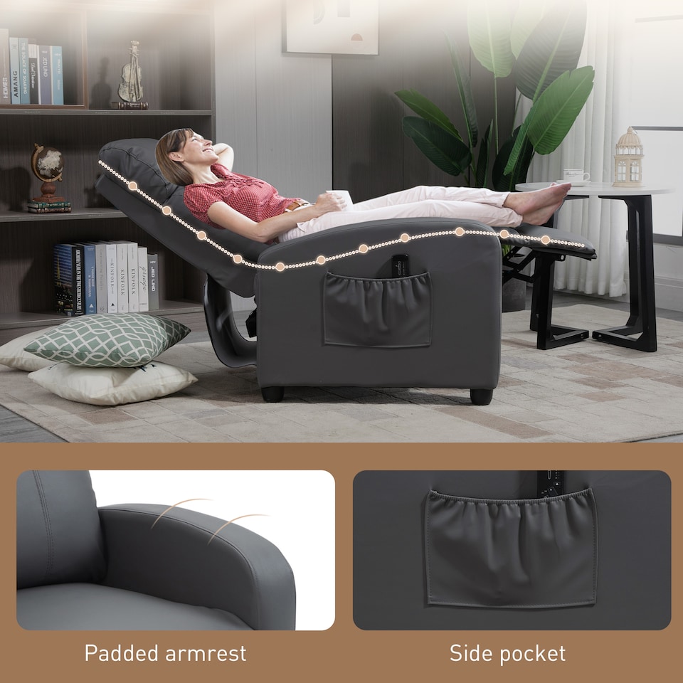 image 1 of HOMCOM Recliner Armchair, Massage Faux Leather Push Back Reclining Chair with Adjustable Leg Rest, Side Pocket, for Home Living Room Theatre, Grey