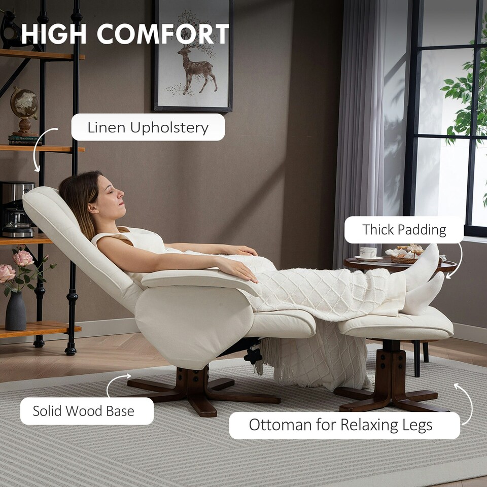 image 1 of HOMCOM Swivel Recliner Chair with Footstool and Wooden Base, Beige Cream