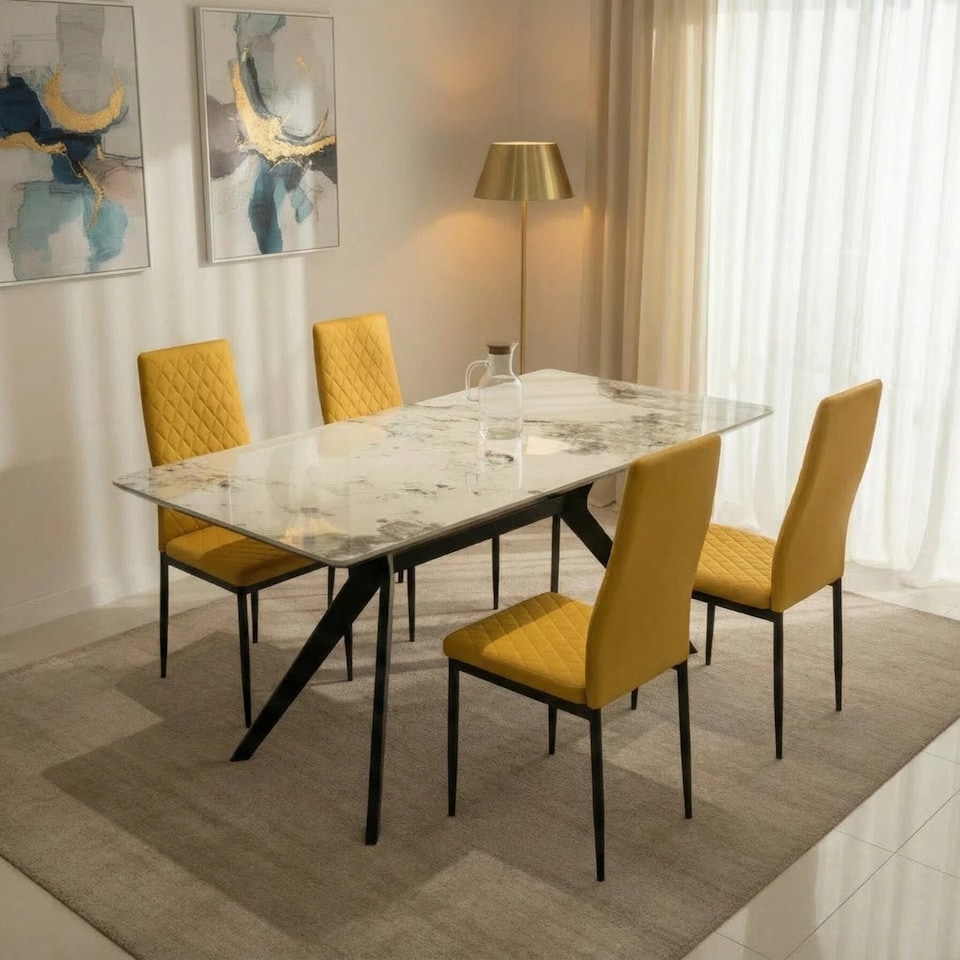 image 1 of San Diego Marble Dining Table with Emily Leather Chairs - Mustard