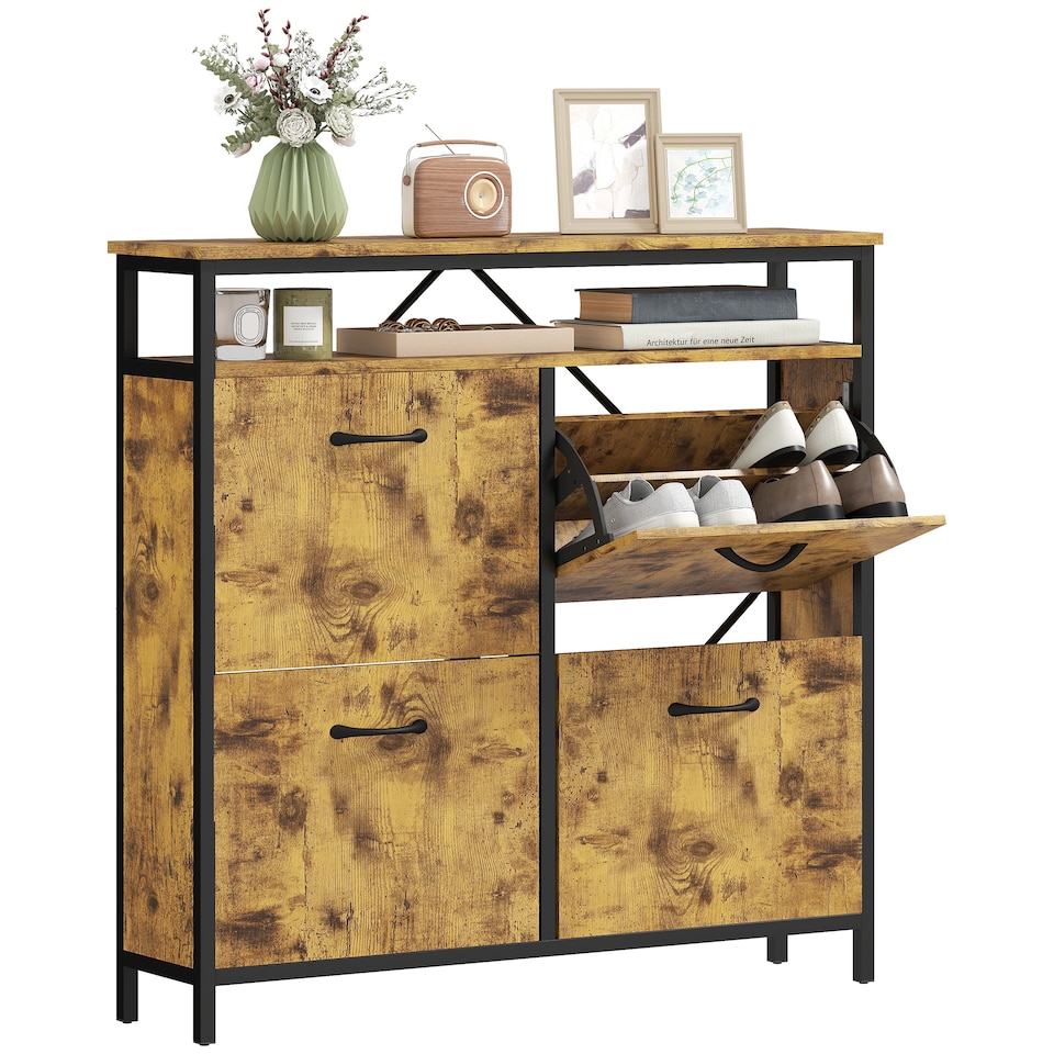 image 1 of HOMCOM Shoe Cabinet with 4 Flip Drawers, Holds 12-20 Pairs, Rustic Brown | Brown | 1
