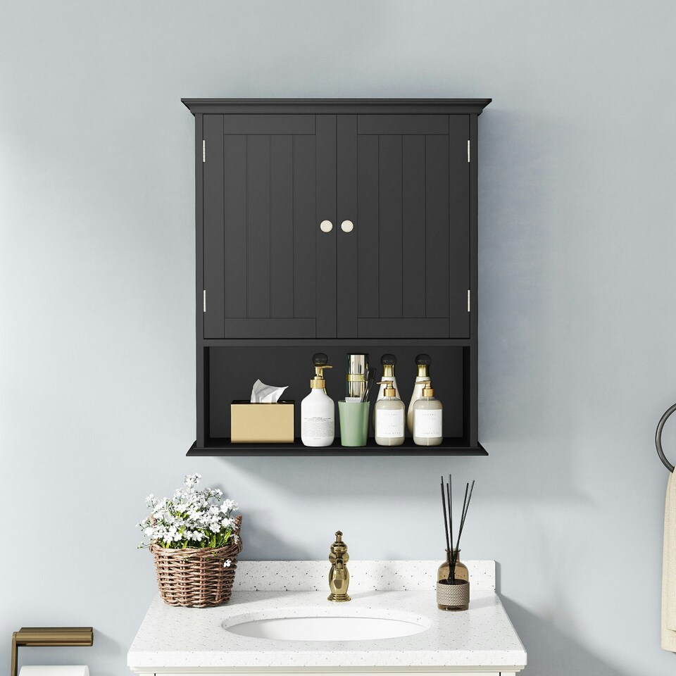 image 1 of COSTWAY Bathroom Wall Mounted Cabinet Wooden Cabinet Black