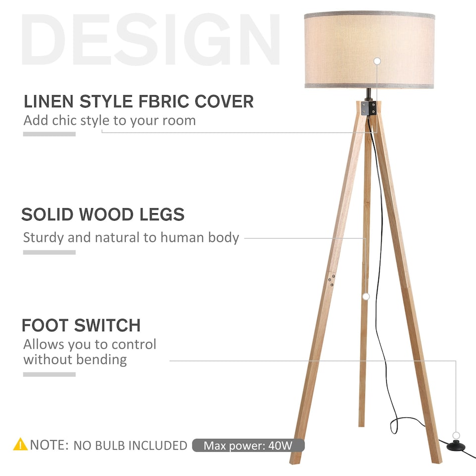 image 1 of HOMCOM Wood Tripod Floor Lamp Home Lighting Elegant E27 Bulb Linen Shade Beige
