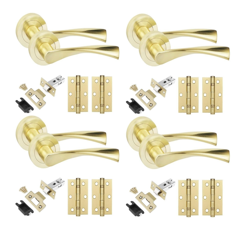 image 1 of Golden Grace 4 Sets Astrid Design Door Handles in Satin Brass Finish with Tubular Latch and 1 Pair of 3" Ball Bearing Hinges | Gold | 4 Set