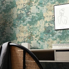 Patina Concrete Effect Wallpaper in Teal and Ochre Multi