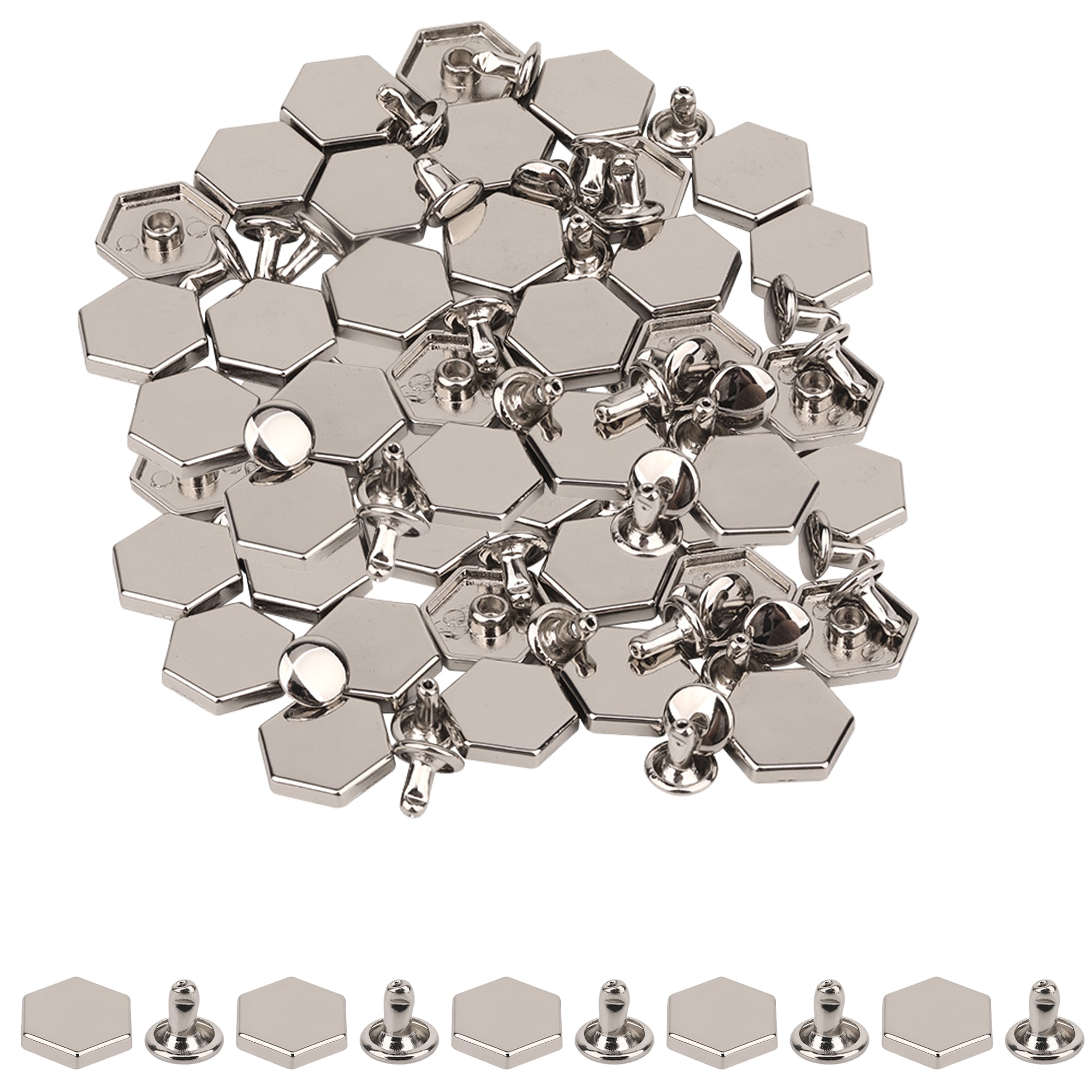 Neel Blue 12mm Hexagonal Feet Cap with 7mm Rivets Studs - 25pcs in Silver