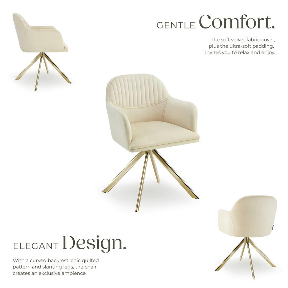 image 1 of Lounge Armchair Living Room Accent Chair 360 Swivel Slim Steel Legs Velvet Fabric - Set of 6 Cream | Cream/Gold
