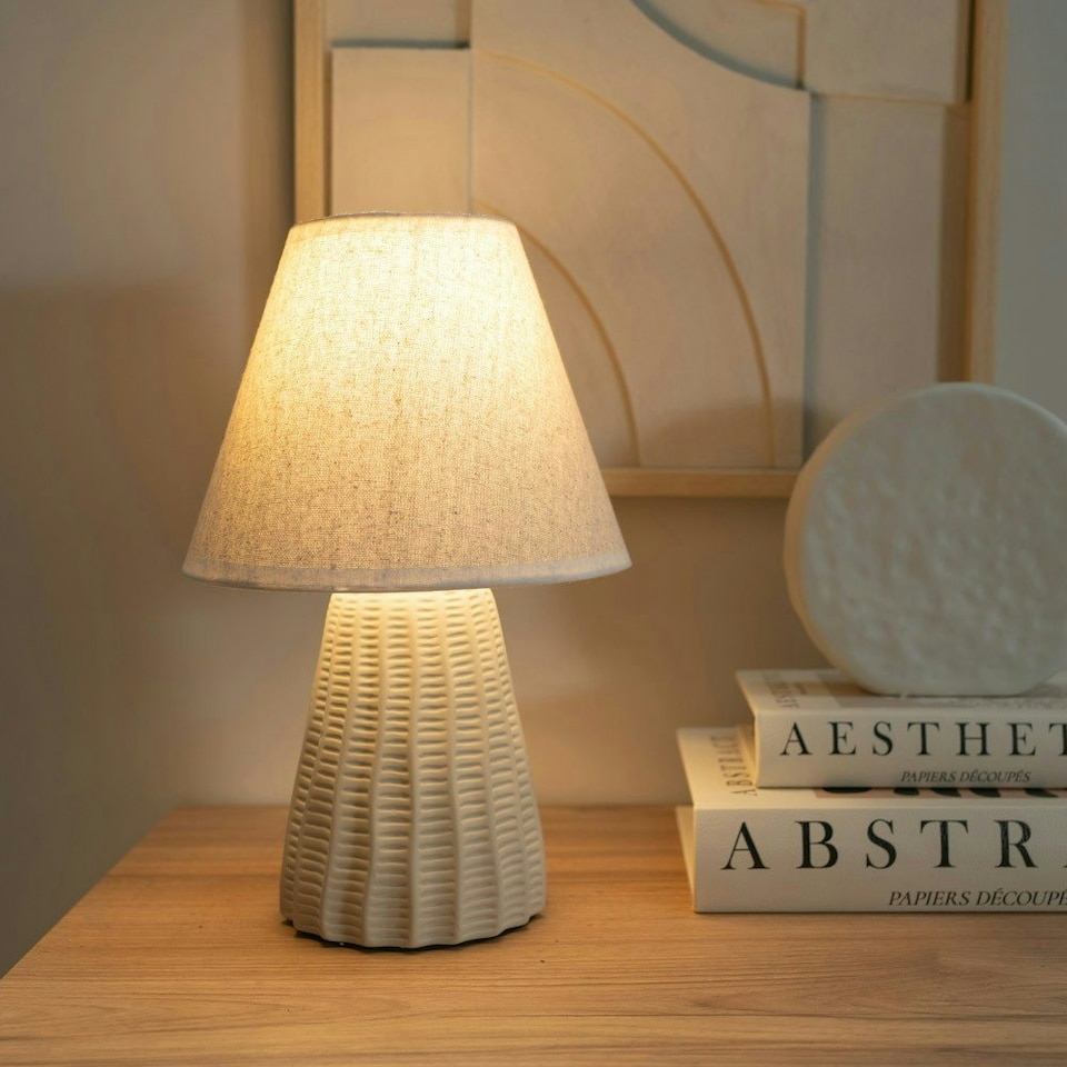 image 1 of ValueLights Saskia Pair of - Natural Ceramic Textured Base Bedside Table Lamp with Linen Tapered Shade